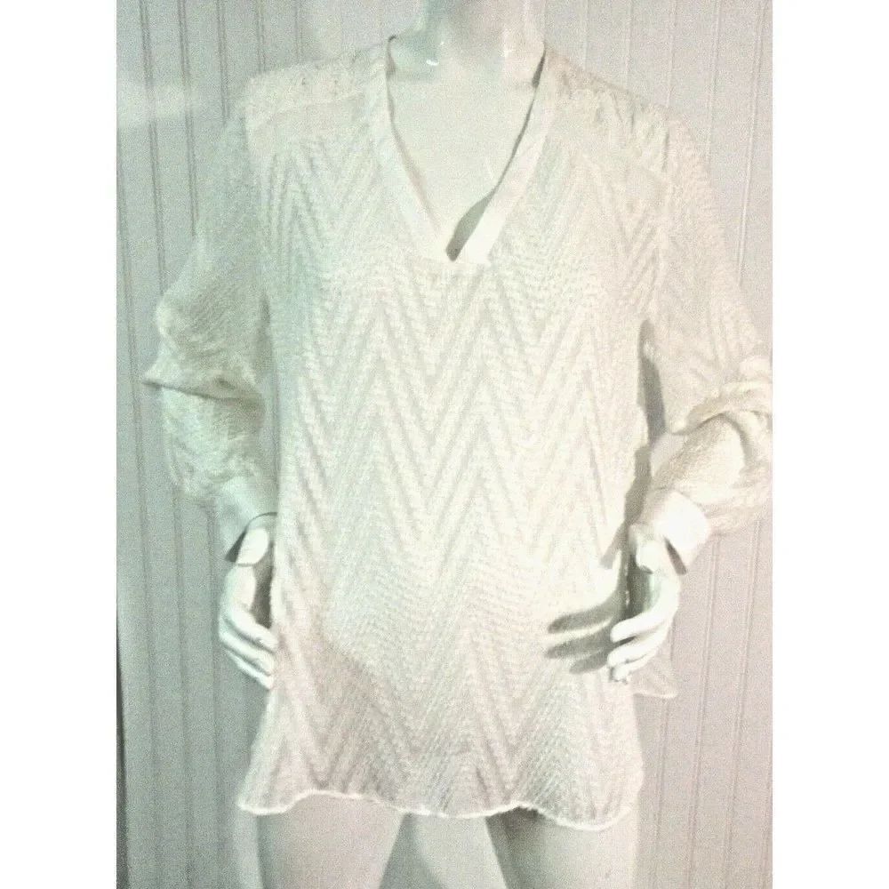 ELLEN TRACY TUNIC BLOUSE WHITE TEXTURED LONG SLEEVE SIZE LARGE